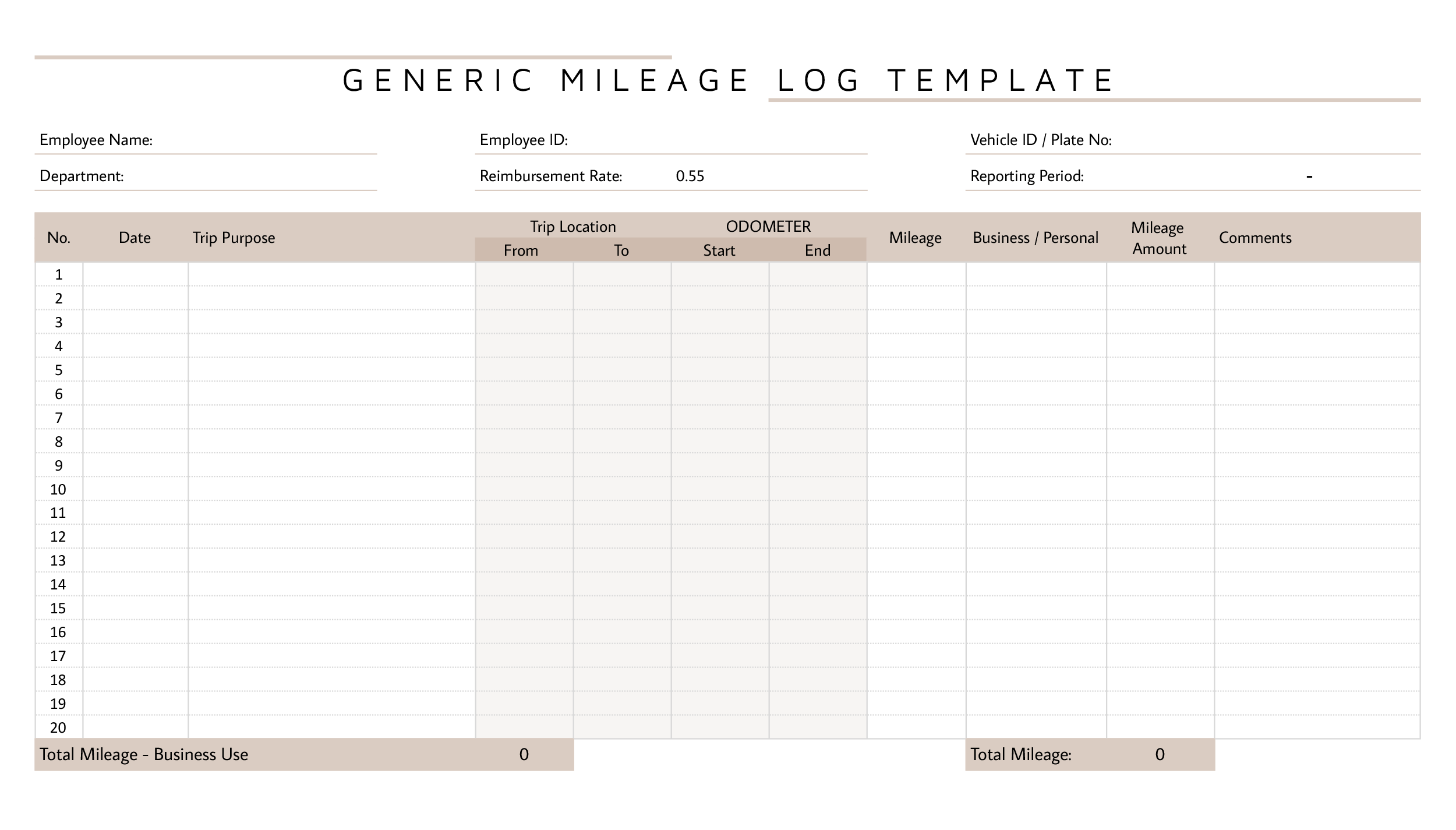 Generic Mileage Log Template - Excel, Google Sheets