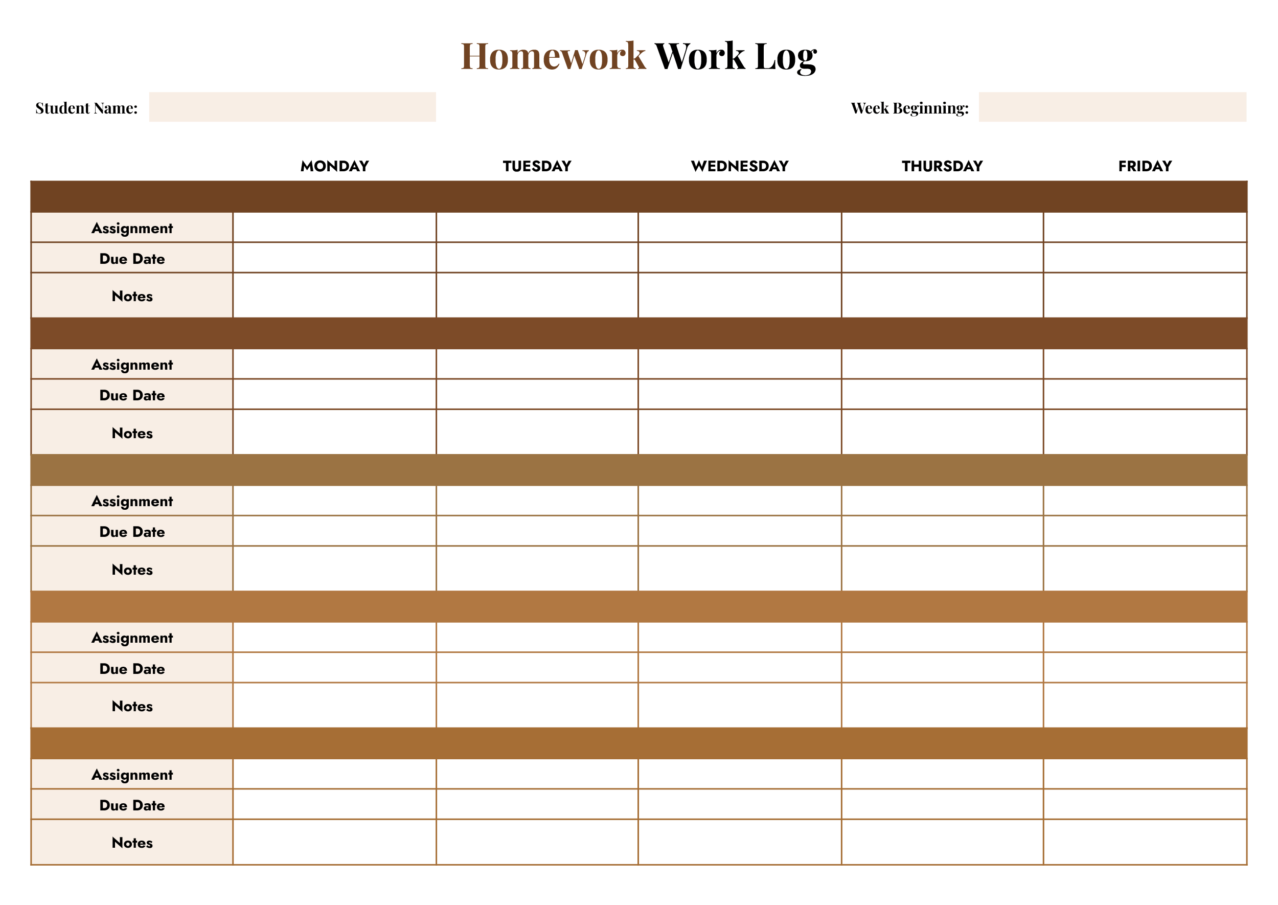 Homework Work Log Template - Word, Google Docs - Page 02
