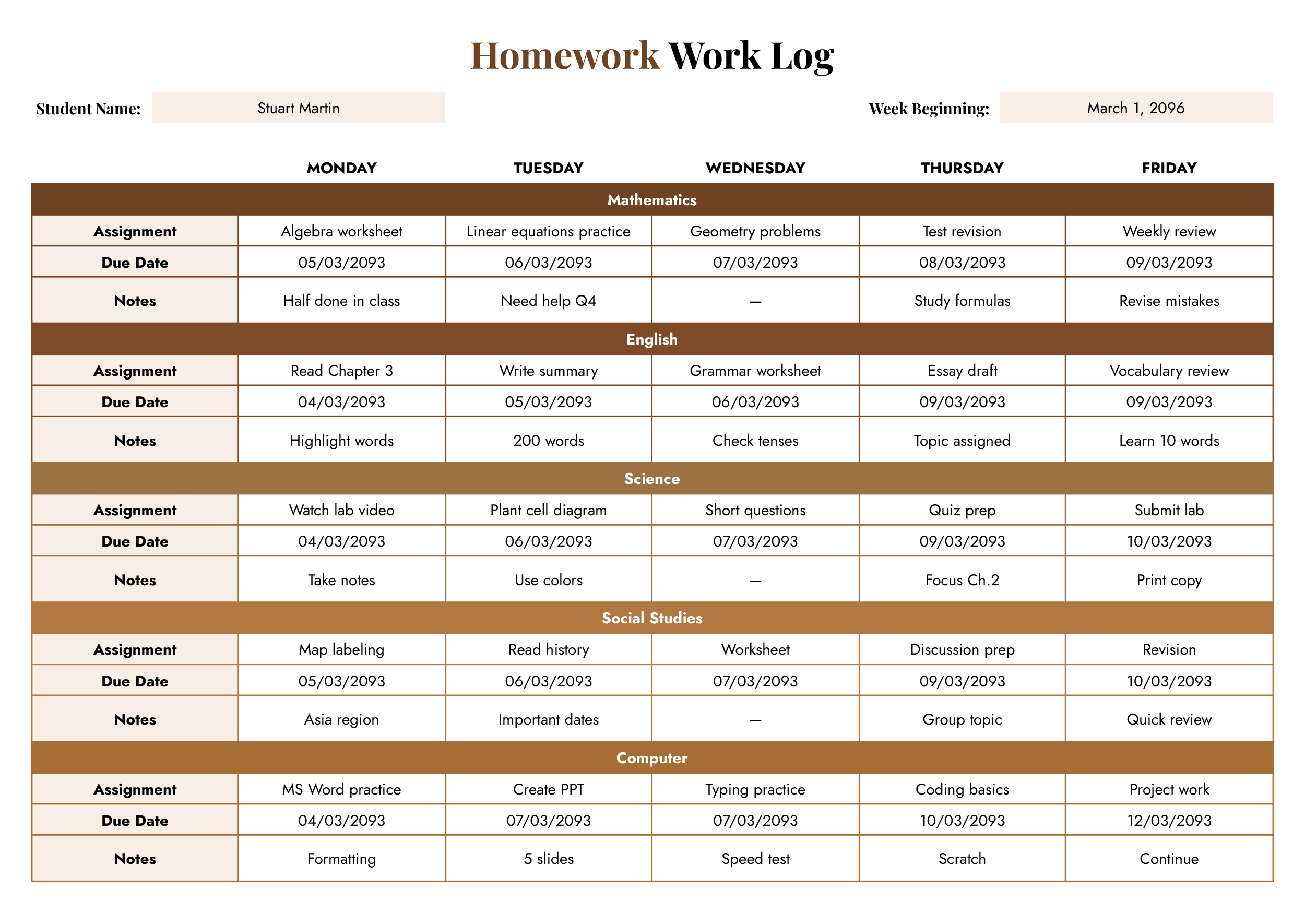 Homework Work Log Template - Word, Google Docs