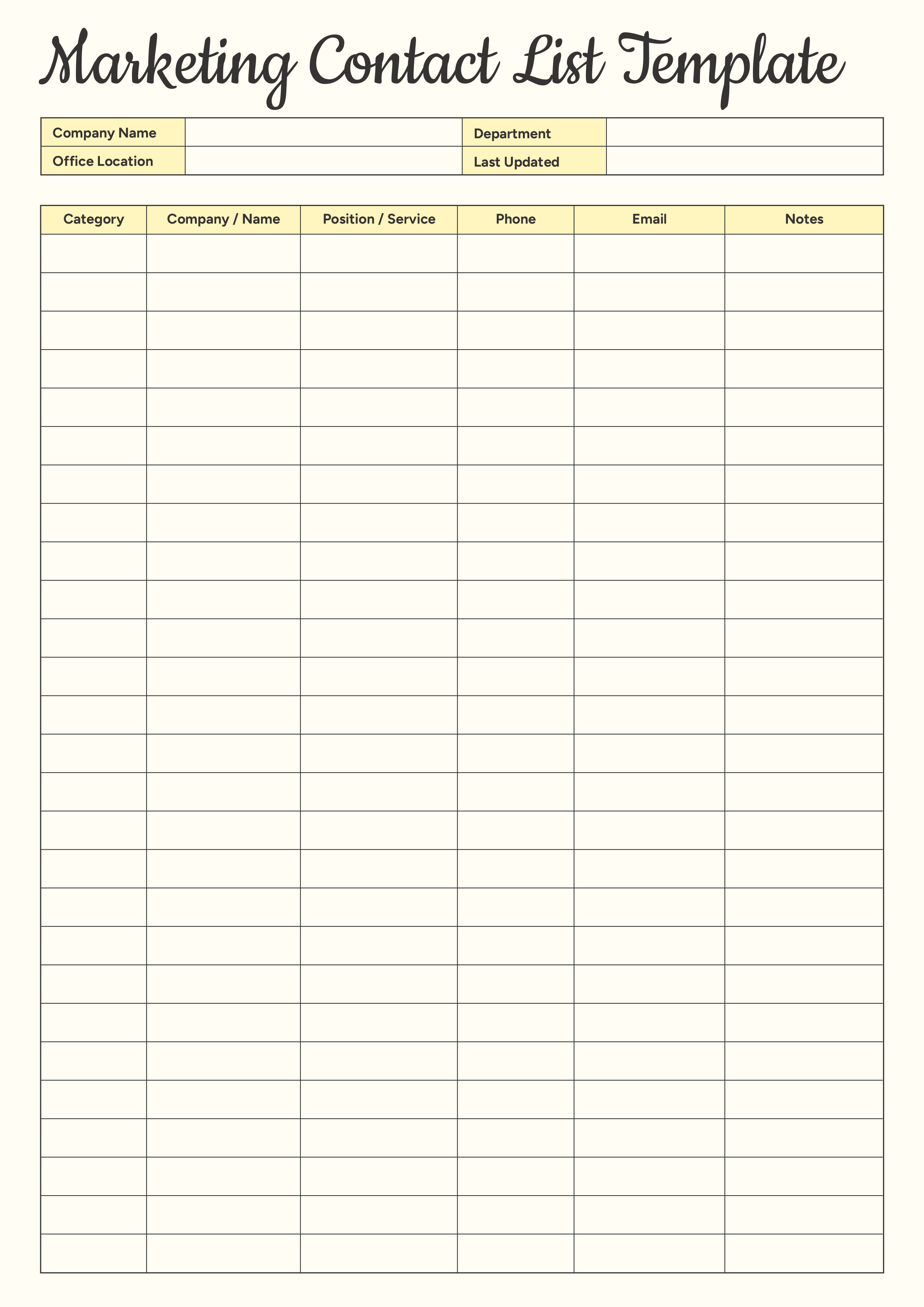 Marketing Contact List Template - Adobe Illustrator, PDF