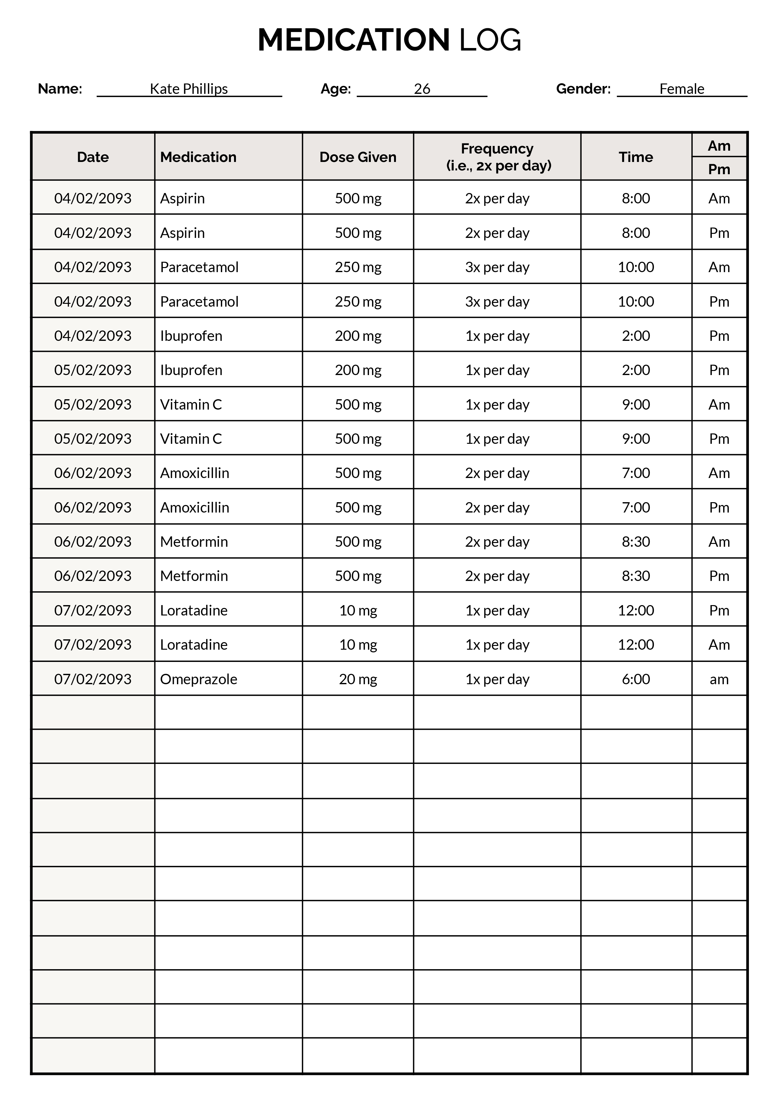Medication Log Template - Word, Google Docs