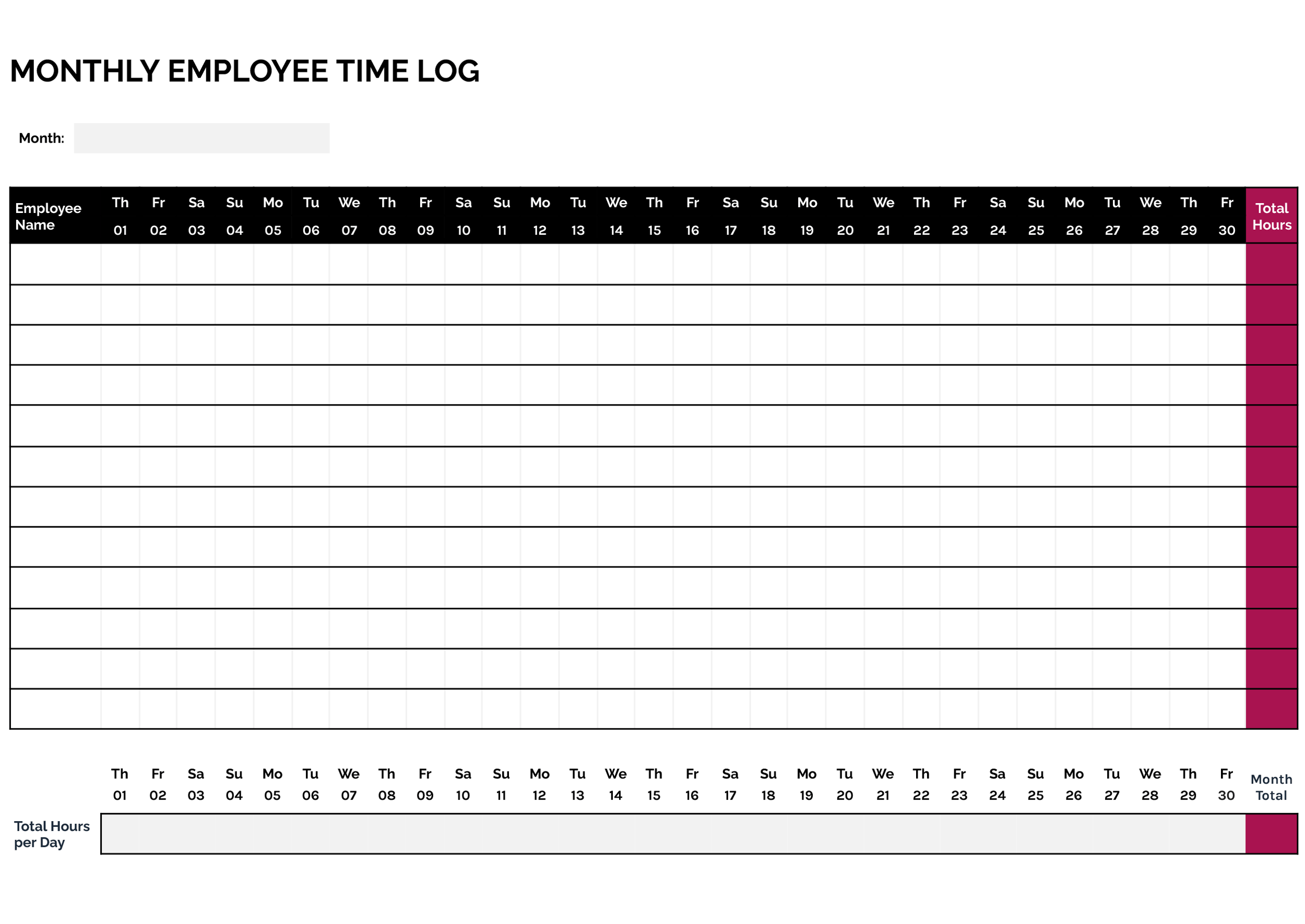 Monthly Employee Time Log Template - Word, Google Docs - Page 02
