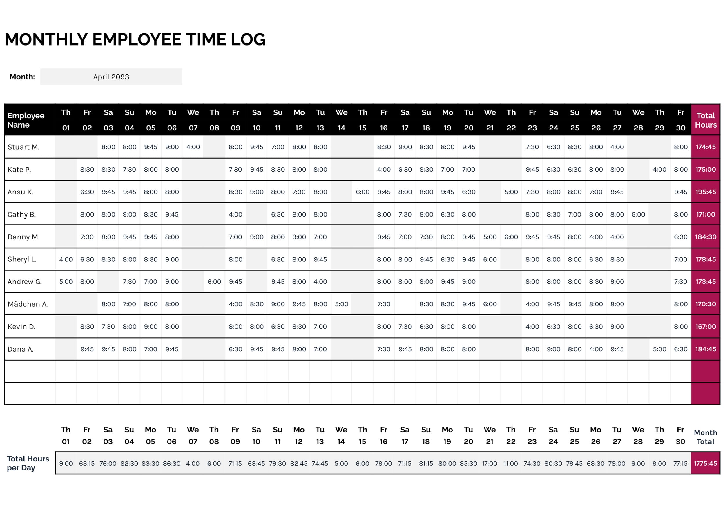 Monthly Employee Time Log Template - Word, Google Docs