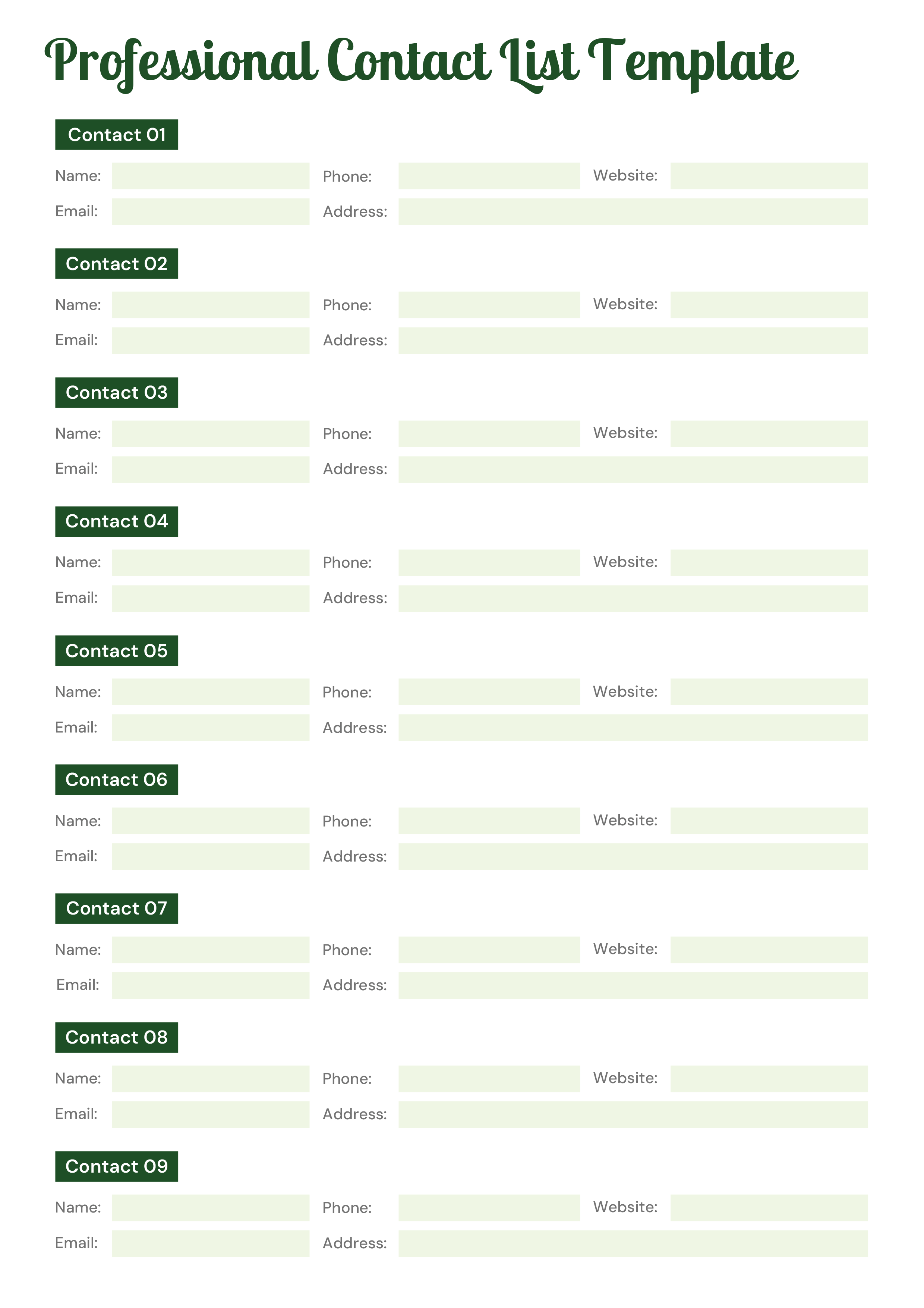 Professional Contact List Template - Adobe Illustrator, PDF