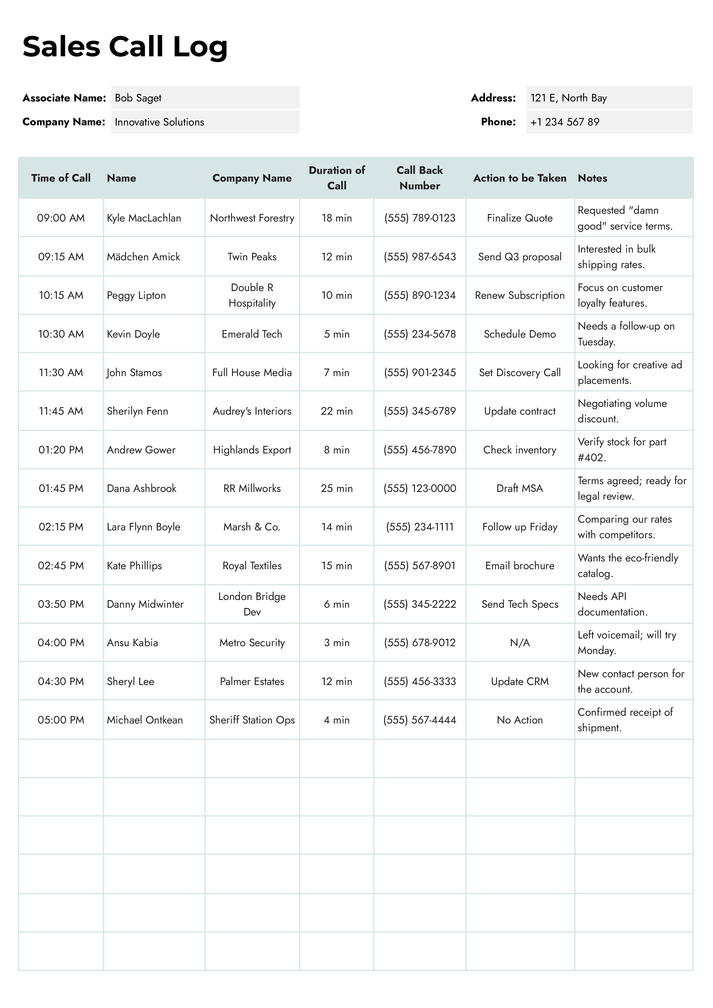 Sales Call Log Template - Word, Google Docs