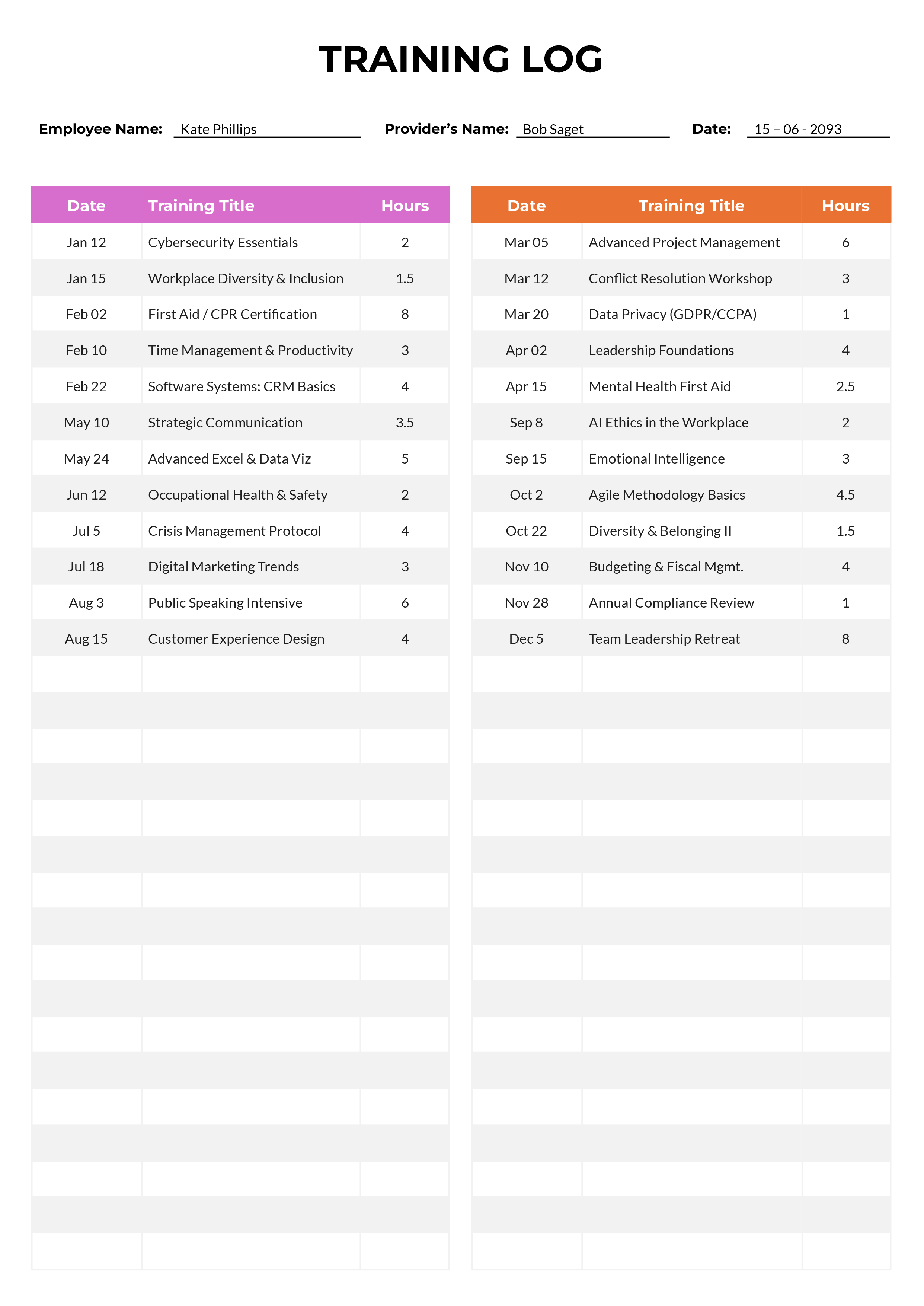 Training Log Template - Word, Google Docs