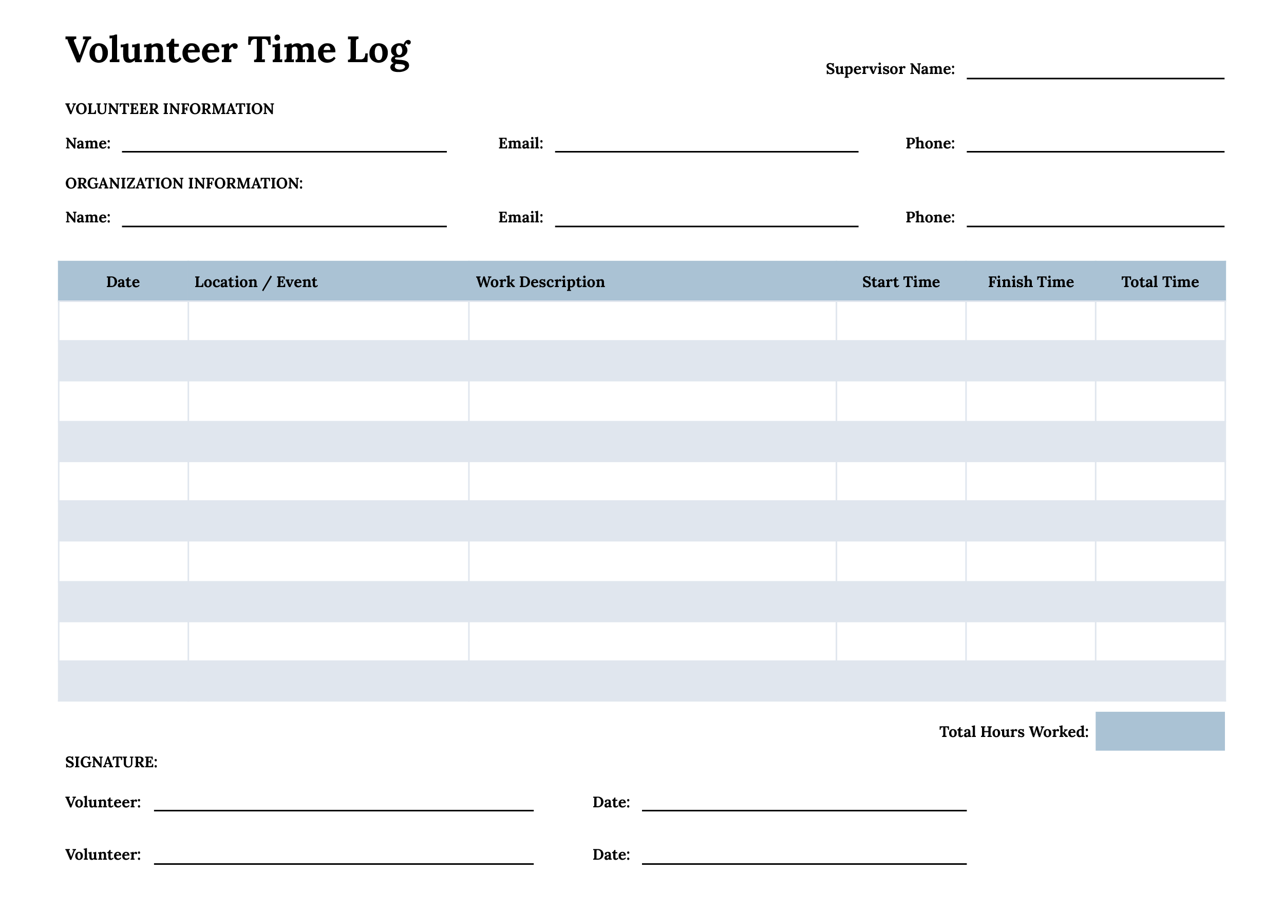 Volunteer Time Log Template - Word, Google Docs - Page 02