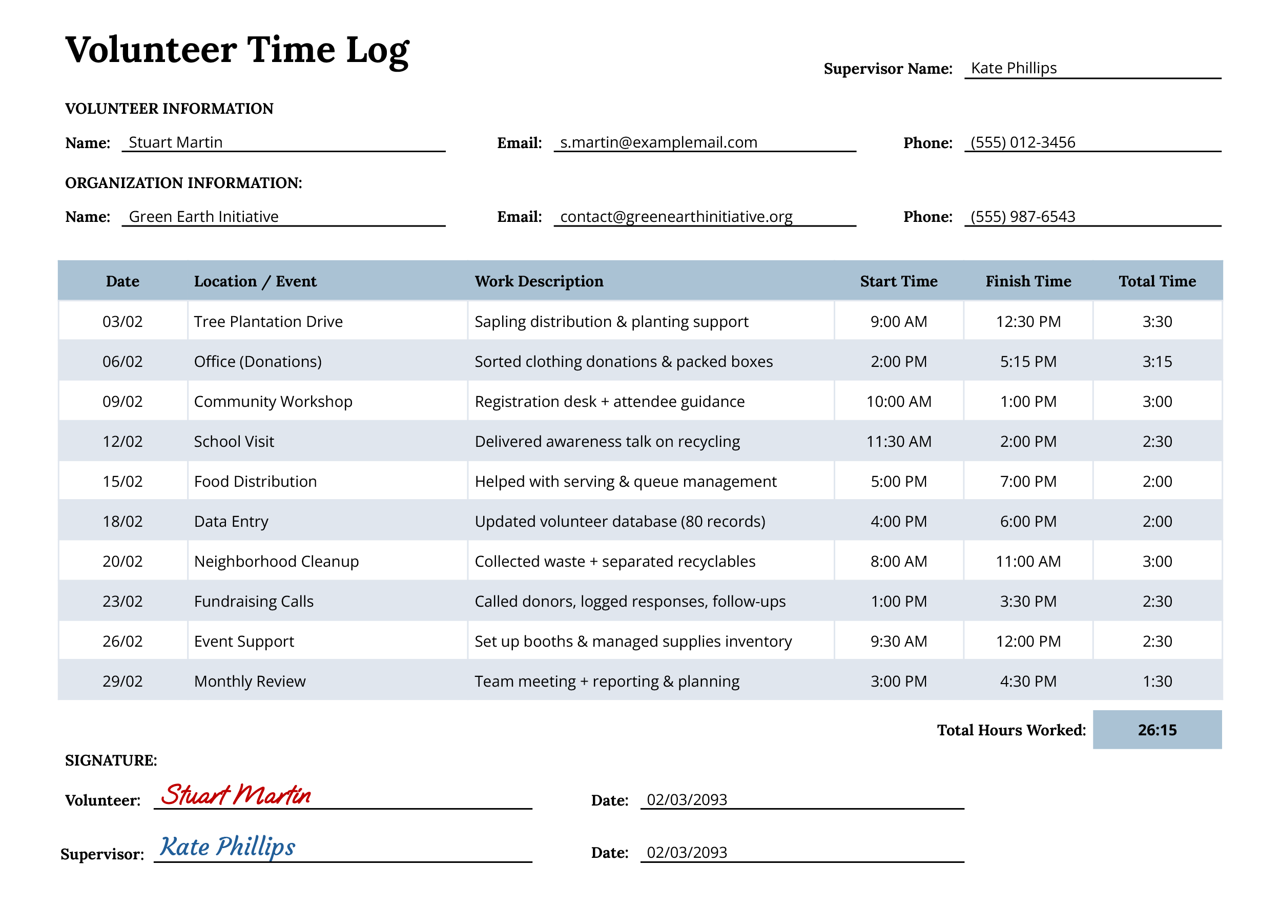 Volunteer Time Log Template - Word, Google Docs