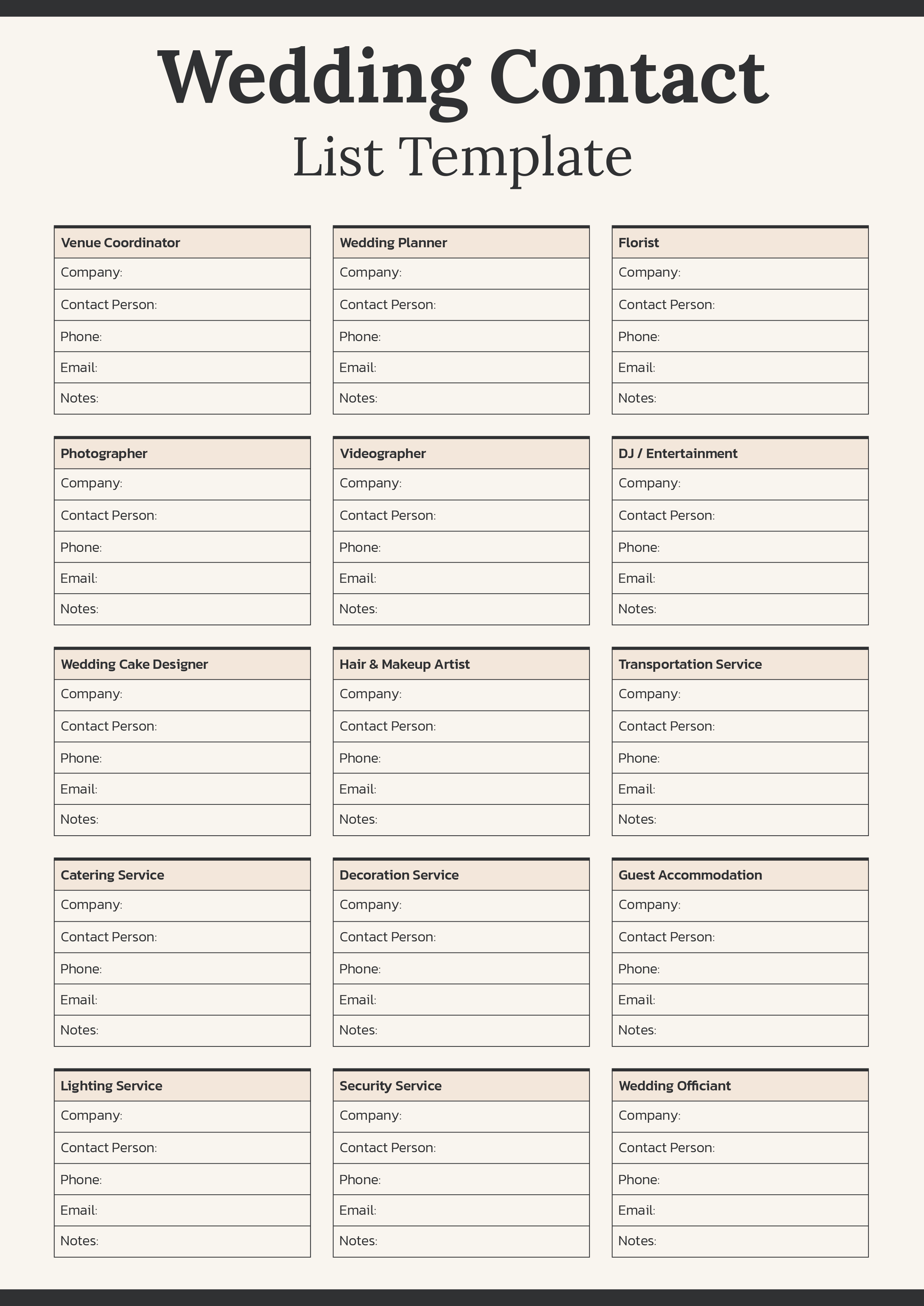 Wedding Contact List Template - Adobe Illustrator, PDF