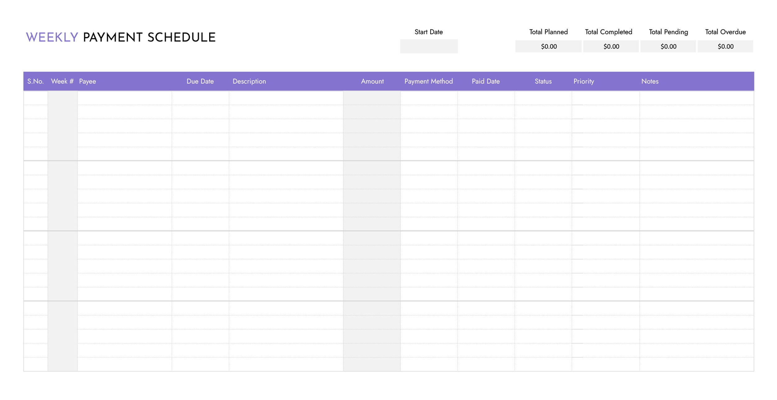 Weekly Payment Schedule Template - Excel, Google Sheets - Page 02