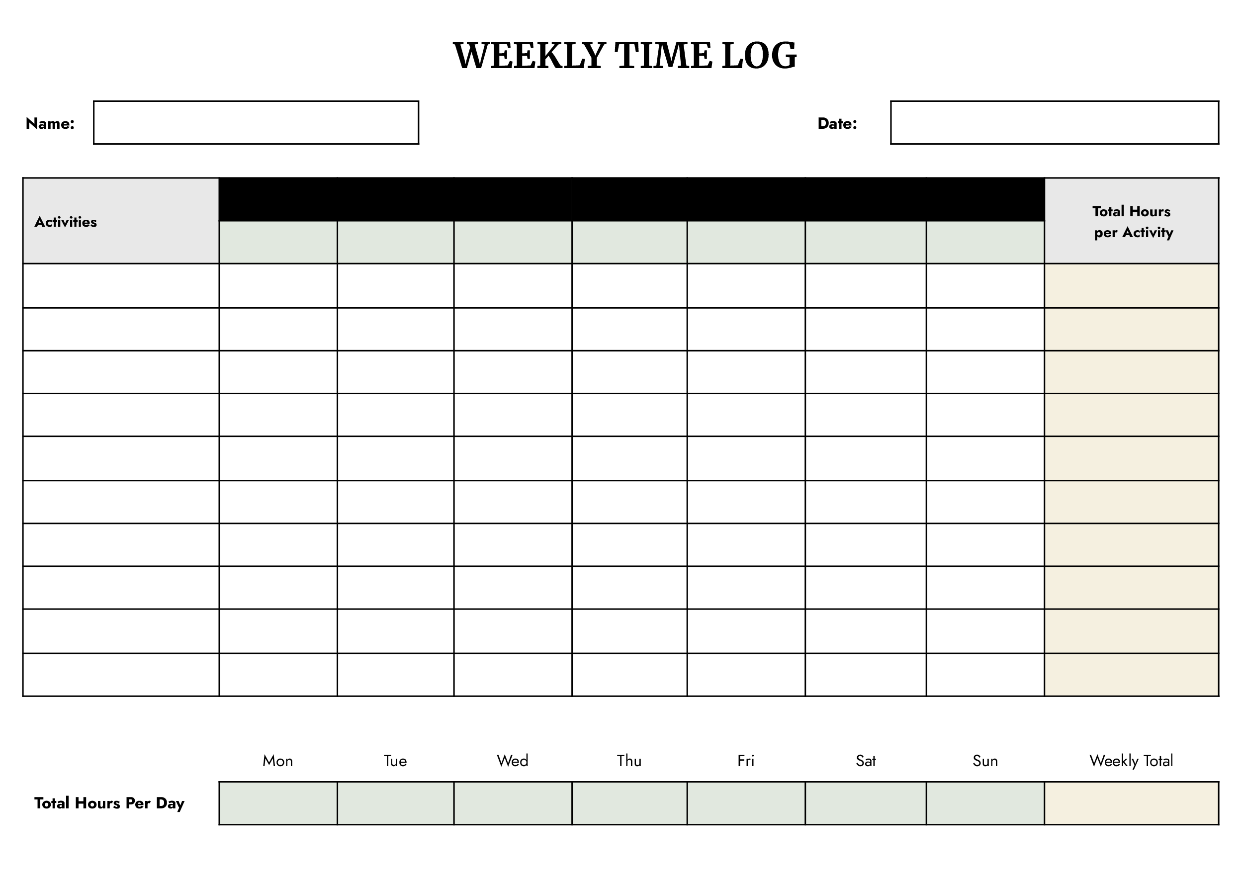 Weekly Time Log Template - Word, Google Docs - Page 02