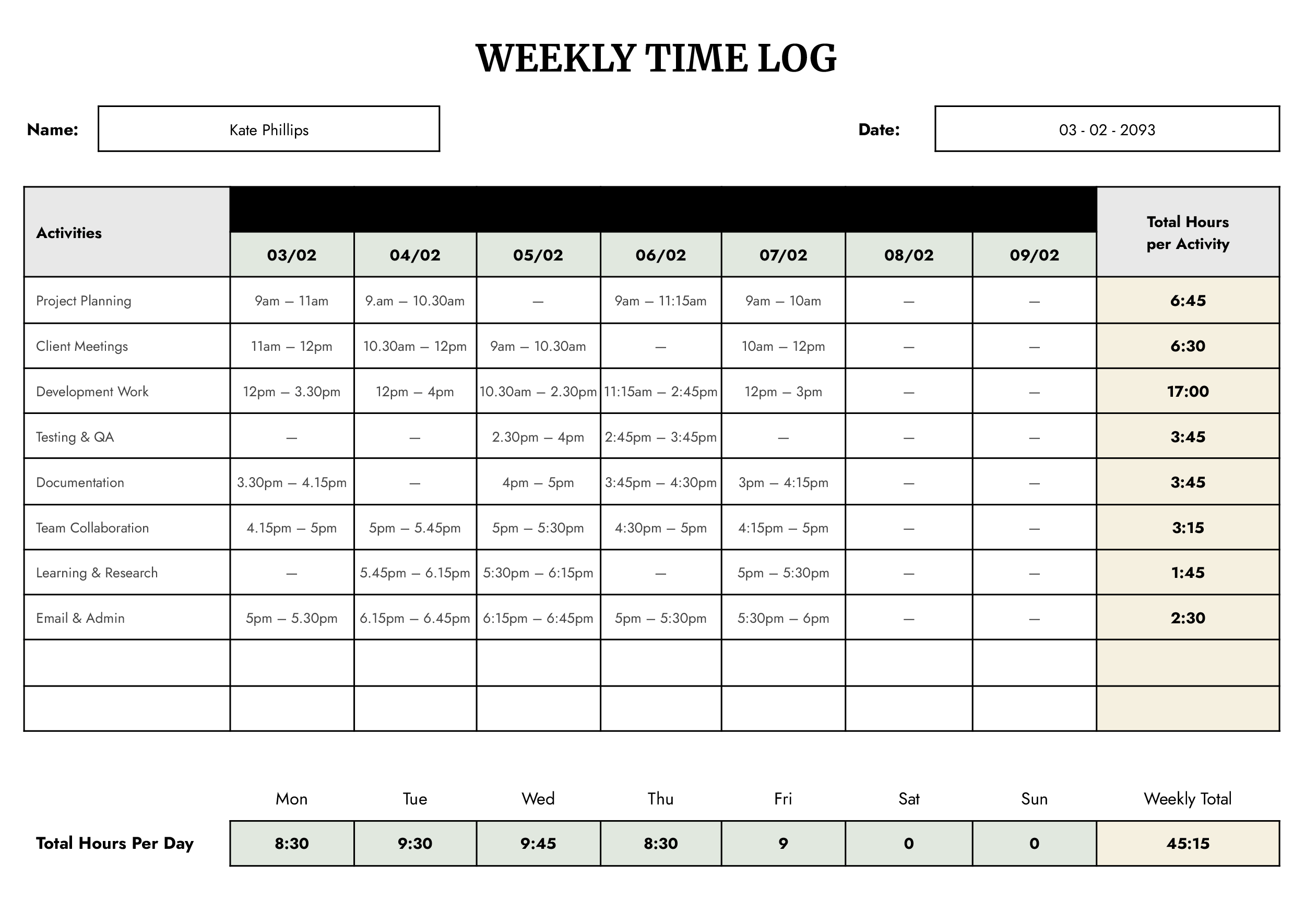 Weekly Time Log Template - Word, Google Docs