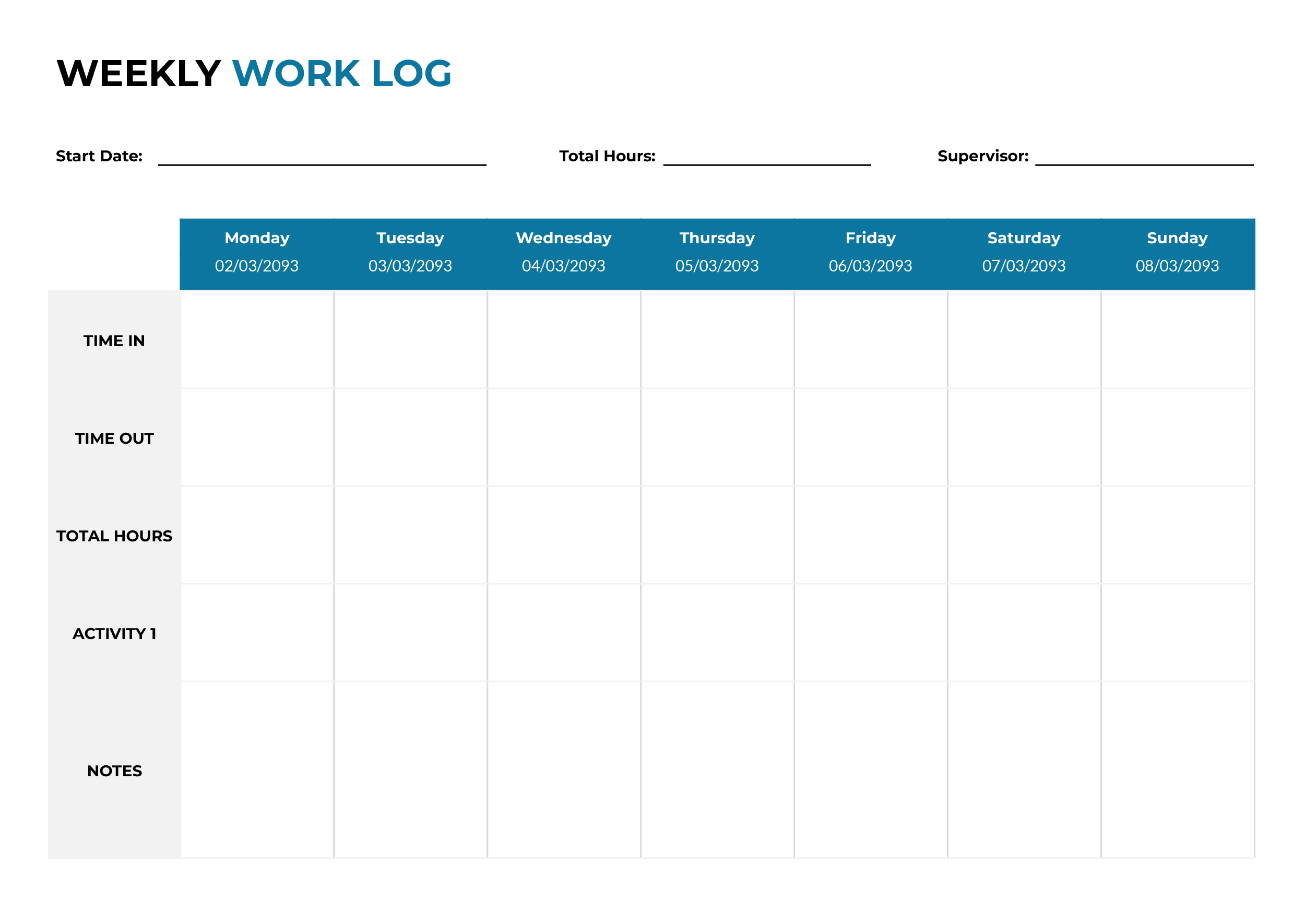Weekly Work Log Template - Word, Google Docs - Page 02