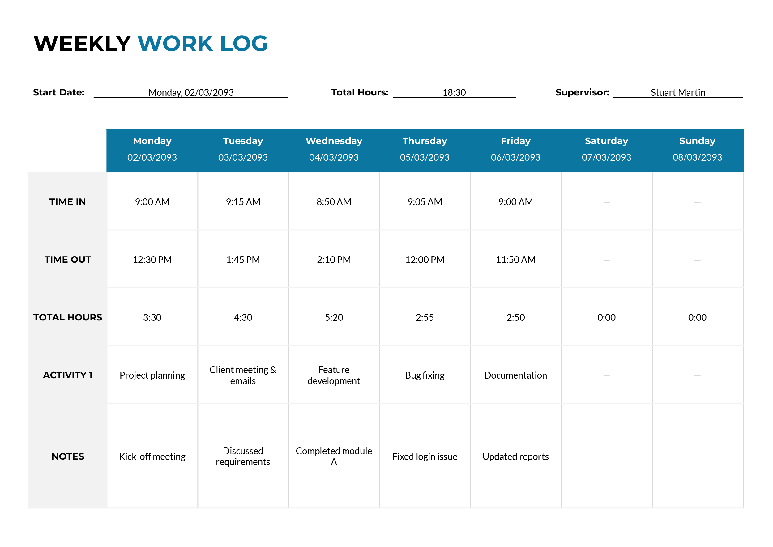 Weekly Work Log Template - Word, Google Docs