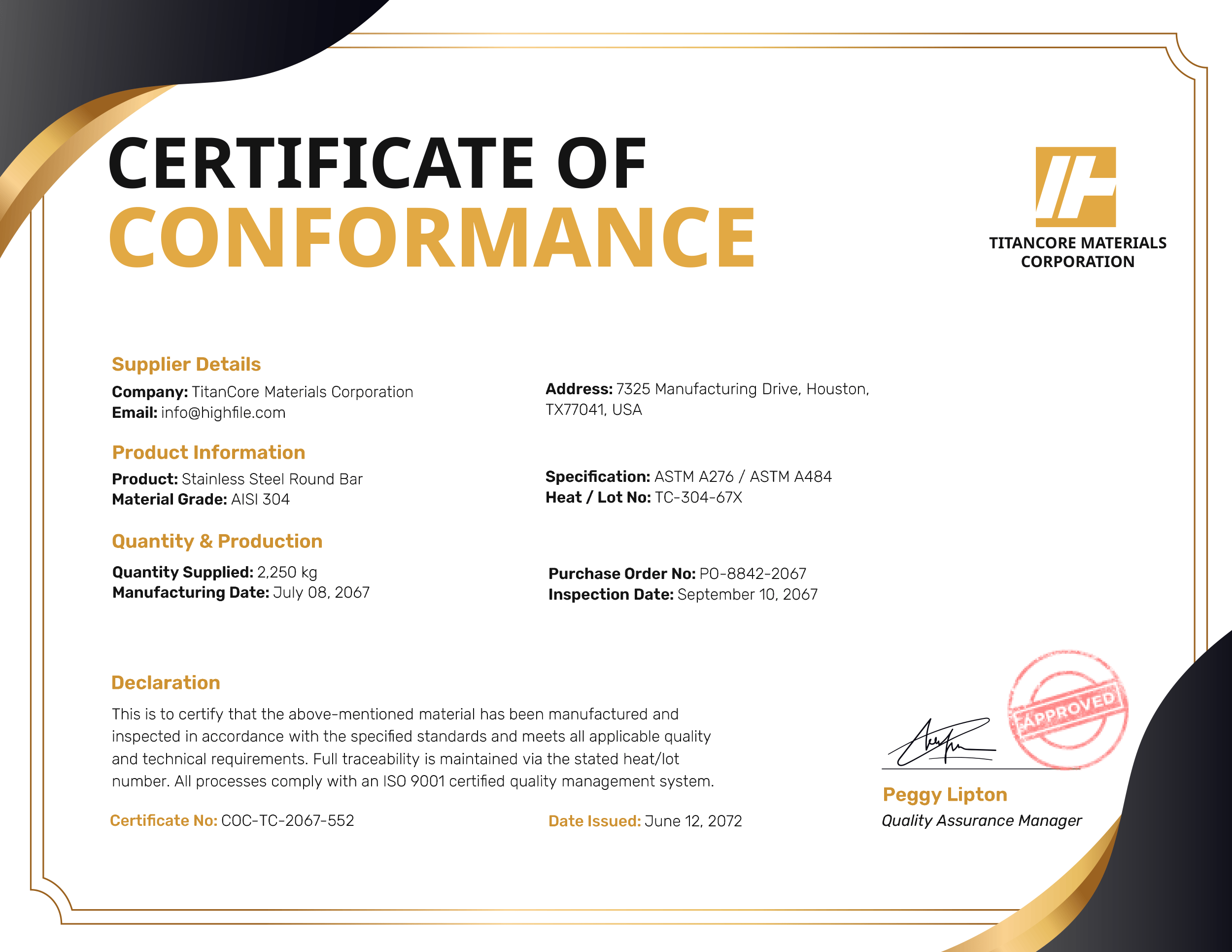 Black and Gold Certificate of Conformance Template - PowerPoint, Google Slides, Adobe Illustrator