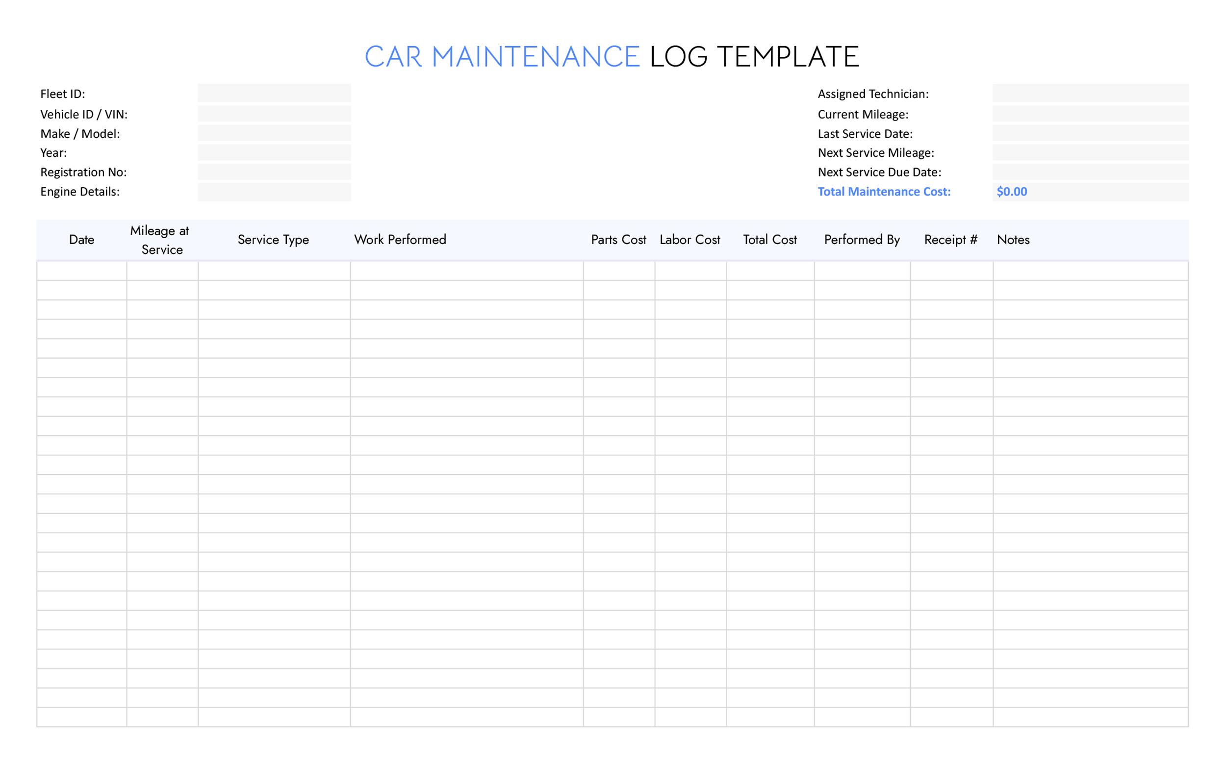 Car Maintenance Log Template - Excel, Google Sheets - Page 02