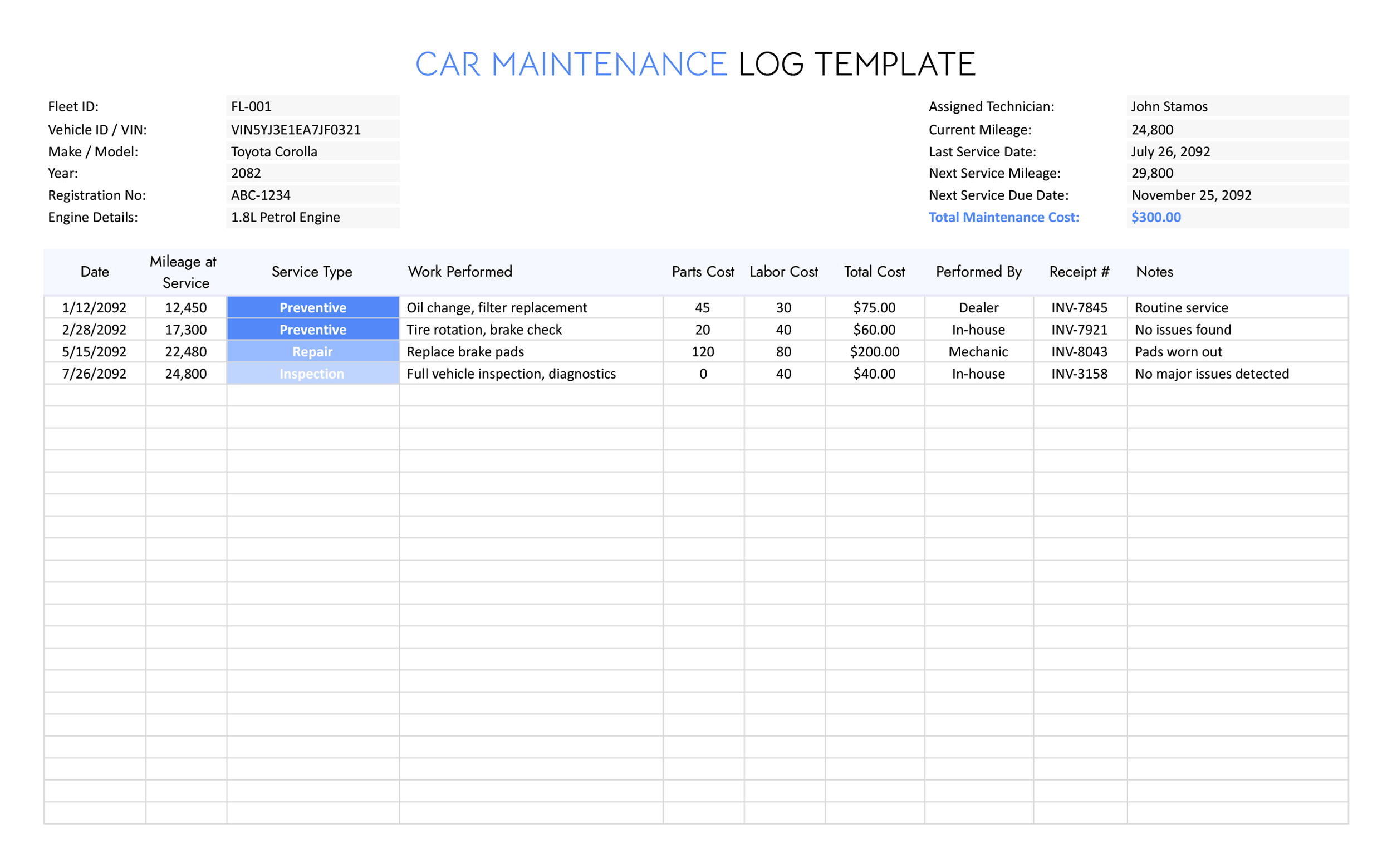 Car Maintenance Log Template - Excel, Google Sheets