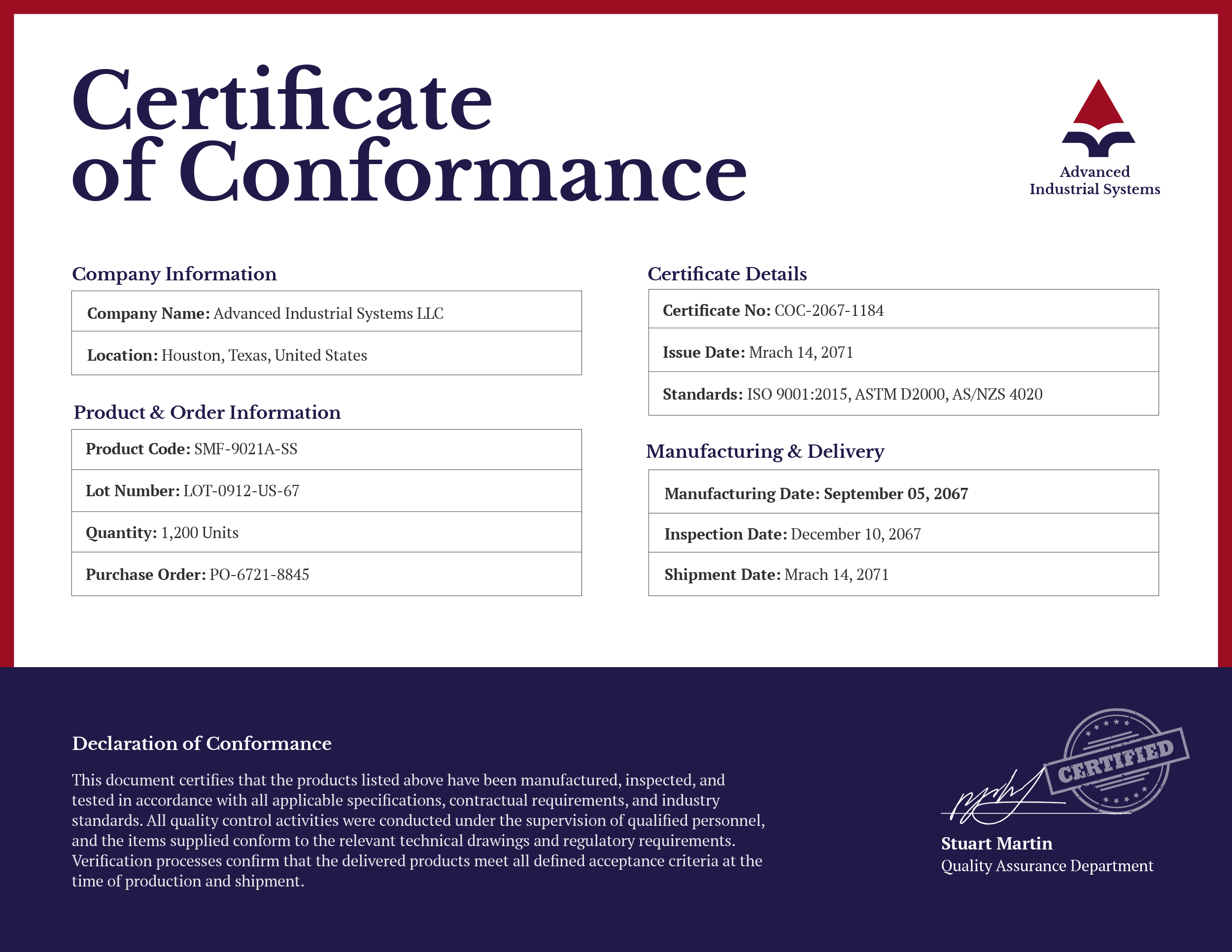 Dark Blue and Red Certificate of Conformance Template - PowerPoint, Google Slides, Adobe Illustrator