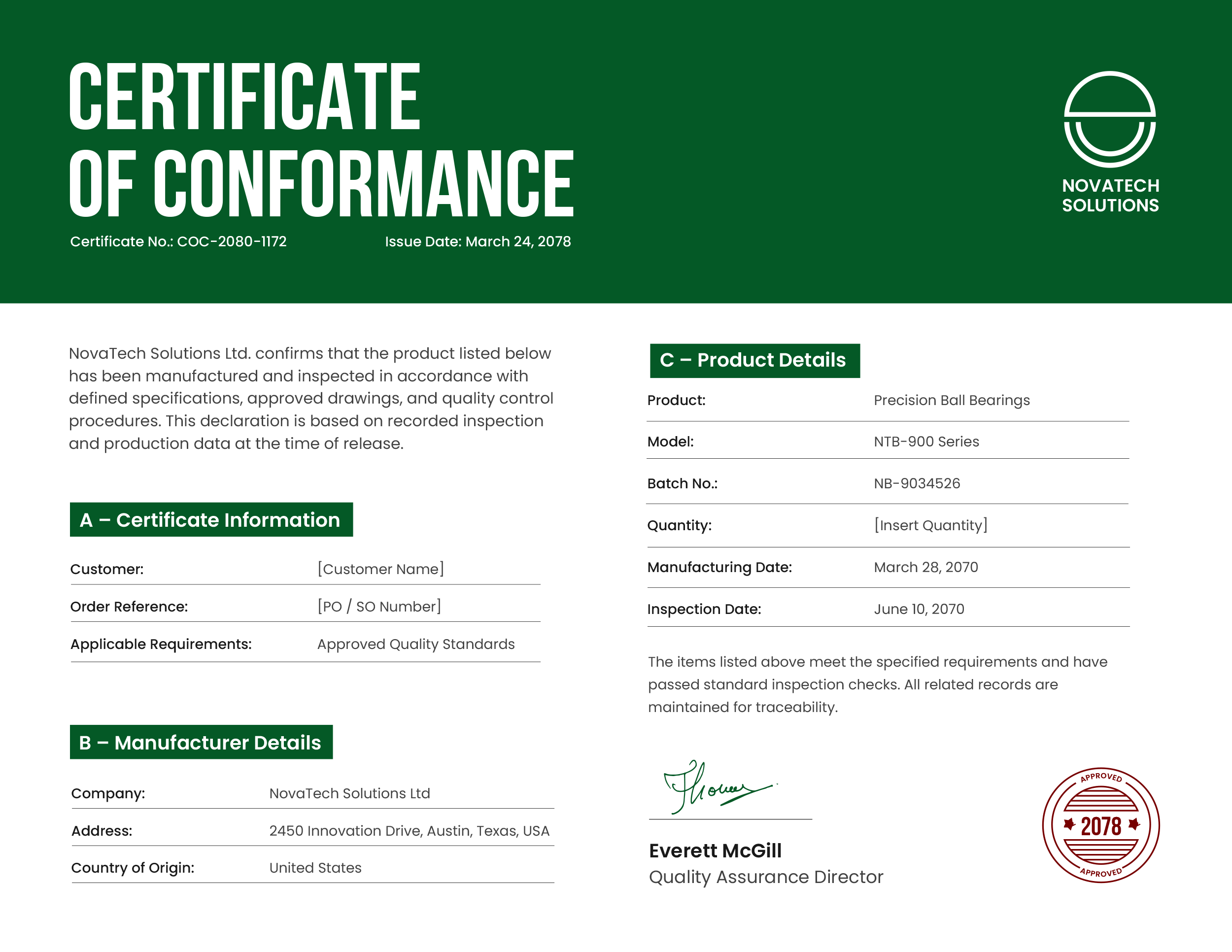 Green and White Certificate of Conformance Template - PowerPoint, Google Slides, Adobe Illustrator