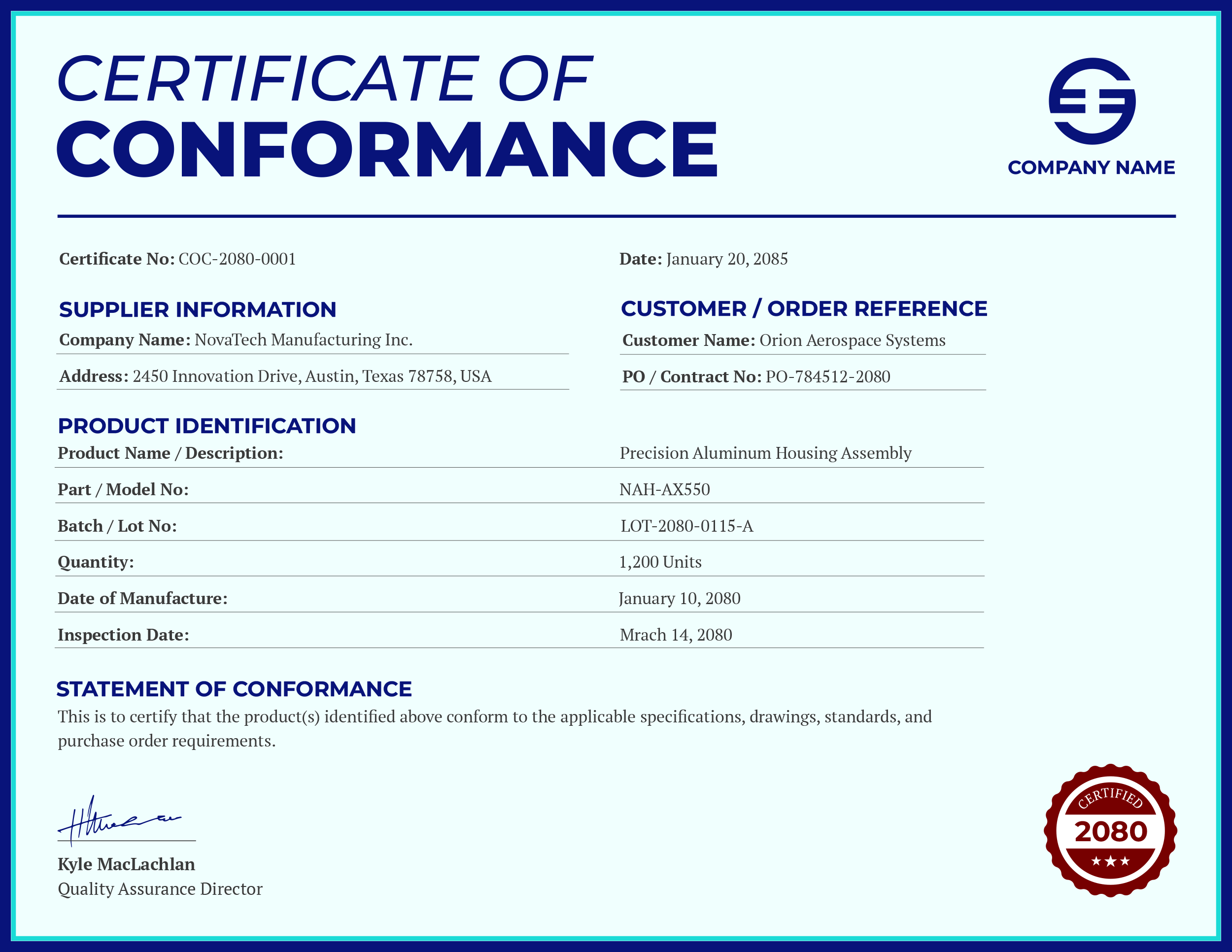 Light and Dark Blue Certificate of Conformance Template - PowerPoint, Google Slides, Adobe Illustrator