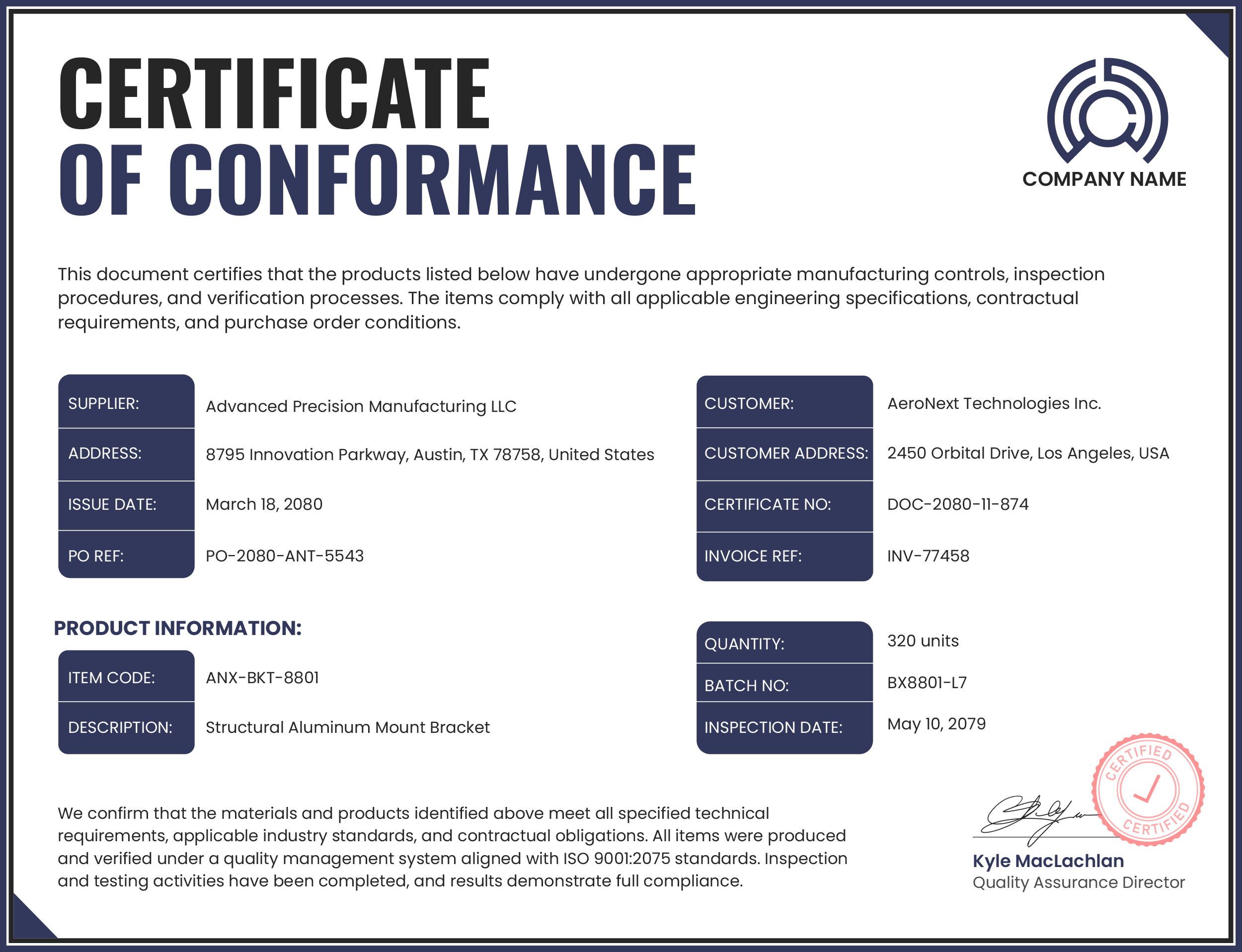 Matte Blue and White Certificate of Conformance Template - PowerPoint, Google Slides, Adobe Illustrator