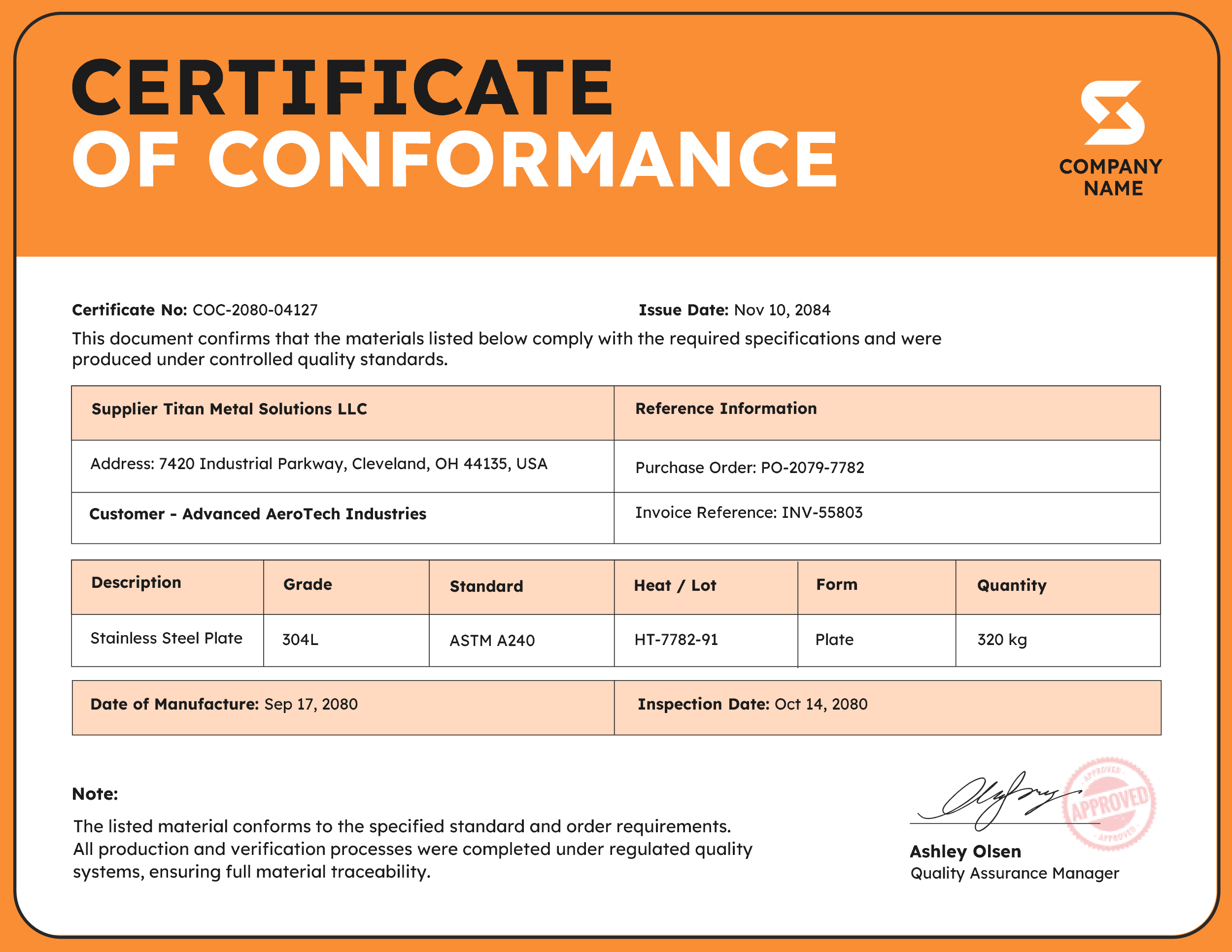 Orange and White Certificate of Conformance Template - PowerPoint, Google Slides, Adobe Illustrator
